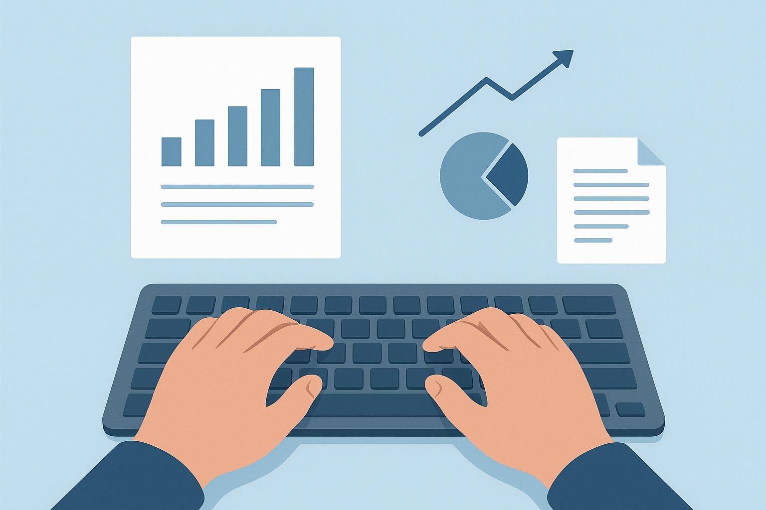 Mãos digitando em um teclado de computador, com dados financeiros, gráficos e relatórios projetados digitalmente, simbolizando contabilidade estratégica.