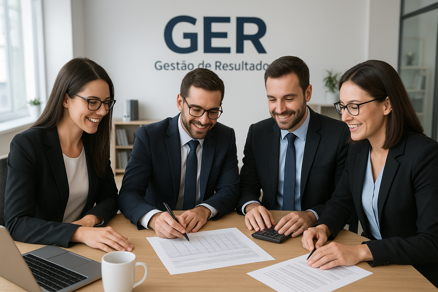 Equipe de contadores profissionais da GER Gestão de Resultados colaborando em um escritório moderno.