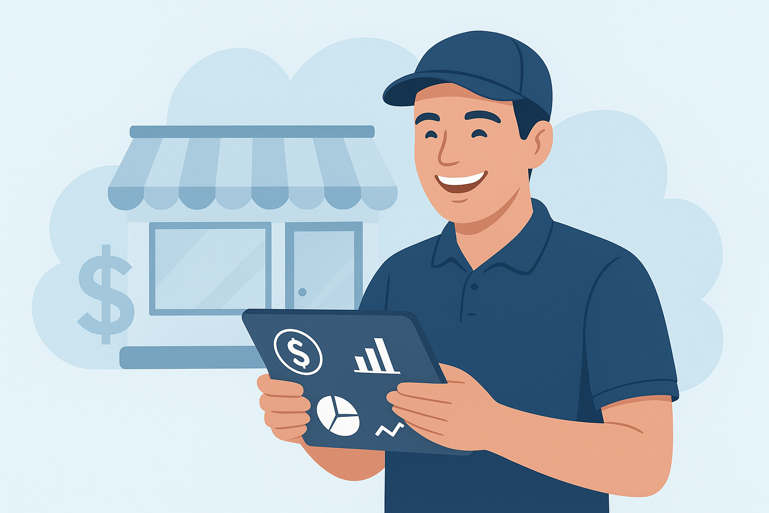Microempreendedor Individual (MEI) sorrindo enquanto gerencia seu pequeno negócio, usando um tablet com ícones de finanças.