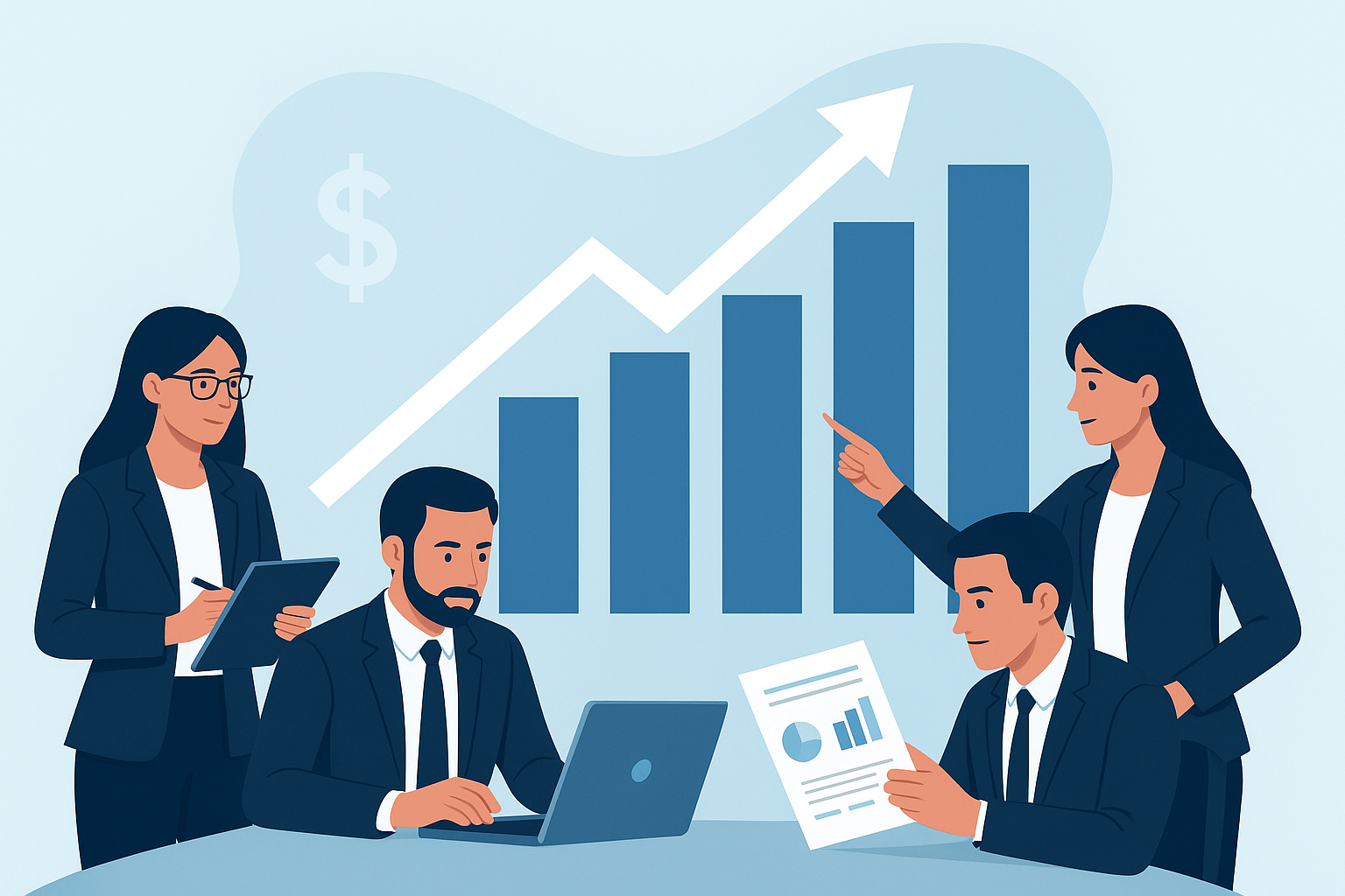 Gráficos financeiros crescendo, com pessoas analisando dados, simbolizando consultoria e crescimento empresarial.